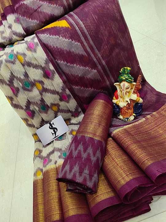 Lenin cotton
Pattola printed 
Contrast border 
Contrast pallu 
Contrast blouse attached 

@ *rs.945 uploaded by Sham collections  on 8/28/2020