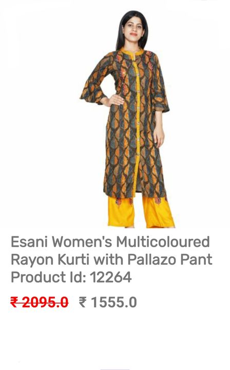Post image DetailsFabric - RayonFit - RegularOccasion - CasualType - Kurti with a front slitSleeve Length - 3/4 SleevesSleeve Type - Bell SleevesNeck Type - Mandarin/Chinese CollarInclusionsKurti with Palazzo Pants
