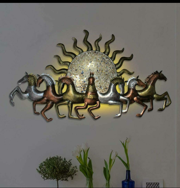 Post image A New product from HH
*Seven Horse with Rising Sun* 
Material : Iron painted and powdered coated to avoid rusting and finished with mirror mosaic work.
Top quality product👌👌👌
Size : 37*22 inches approx