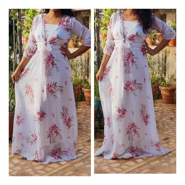 Post image Grab this beautiful white floral printed Georgette sleeveless elastic dress with shrug..Size: up to 38100%quality assured ✔️750/-