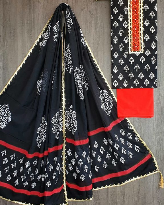 Post image 🍁 *special collection* 🍁Beautiful Bagru block-printed pure cotton suit sets with detailed jaipuri gota patti handwork.
Size - Top = 2.5 MTR with hand stitched gota patti work
Bottom = Cotton blockprinted 2.5 MTR
Dupatta = 2.5 MTR cotton with stitched zari border and tessals
Contact no whatsapp no 8952976338