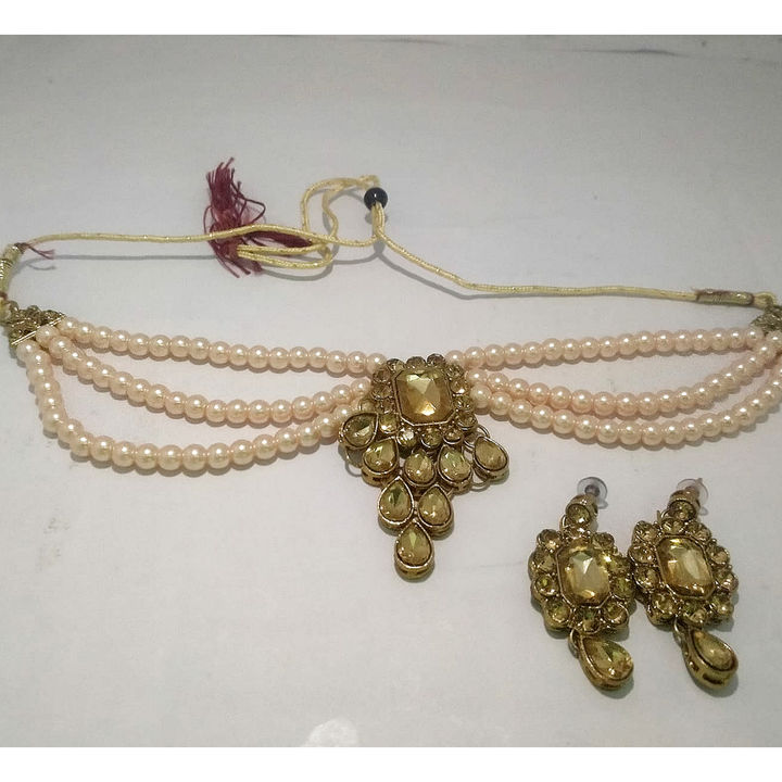 3 layer Rose gold pearls with golden stone work Chokar set. uploaded by business on 8/10/2021