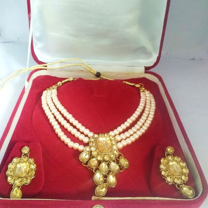 3 layer Rose gold pearls with golden stone work Chokar set. uploaded by Dress up Girls Shop. on 8/10/2021