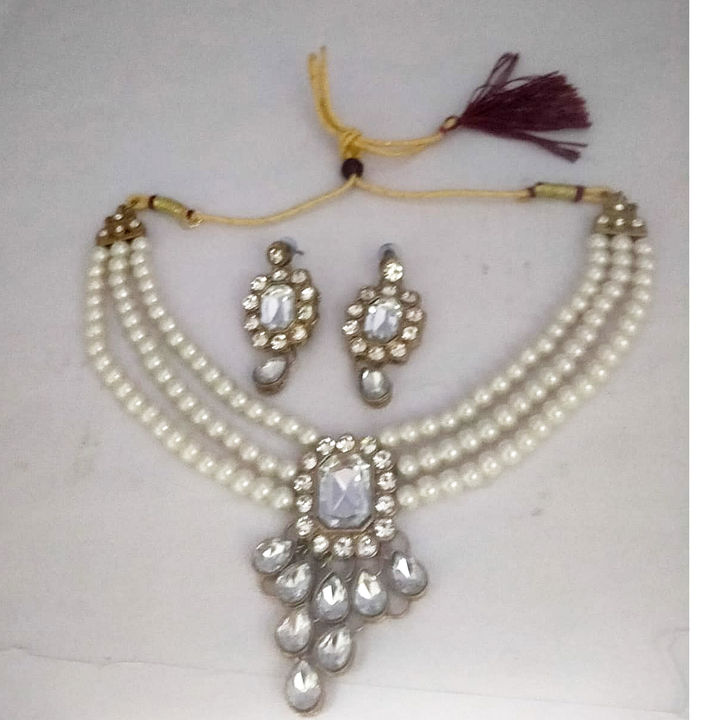 Product image with price: Rs. 125, ID: 3-layer-white-pearl-with-silver-white-stone-work-kundan-choker-neaklace-set-6381e5ba