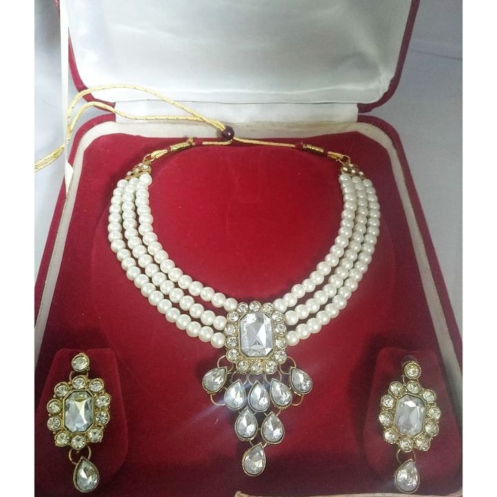 3 layer white pearl with silver white stone work Kundan Choker Neaklace set. uploaded by Dress up Girls Shop. on 8/10/2021