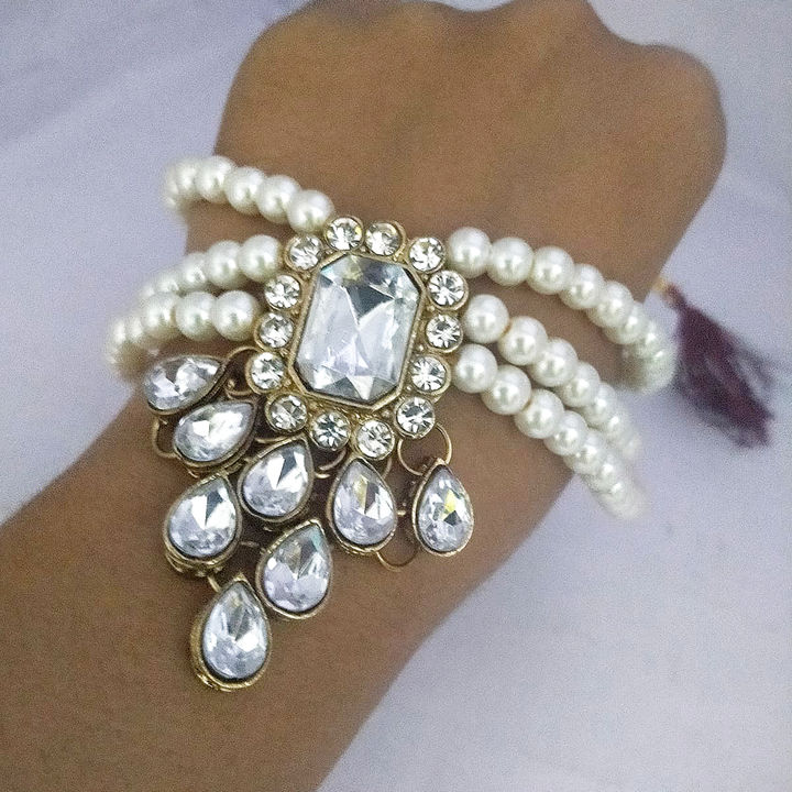 3 layer white pearl with silver white stone work Kundan Choker Neaklace set. uploaded by Dress up Girls Shop. on 8/10/2021