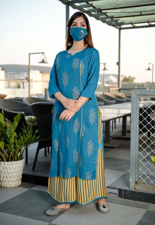 Rayon kurti with gold print palazzo uploaded by business on 8/11/2021