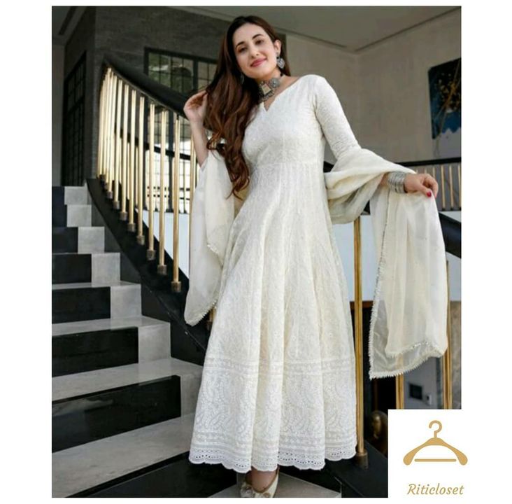 Milky White Designer Anarkali Suit In Georgette With Lucknowi Chikankari Embroidery Work uploaded by business on 8/12/2021