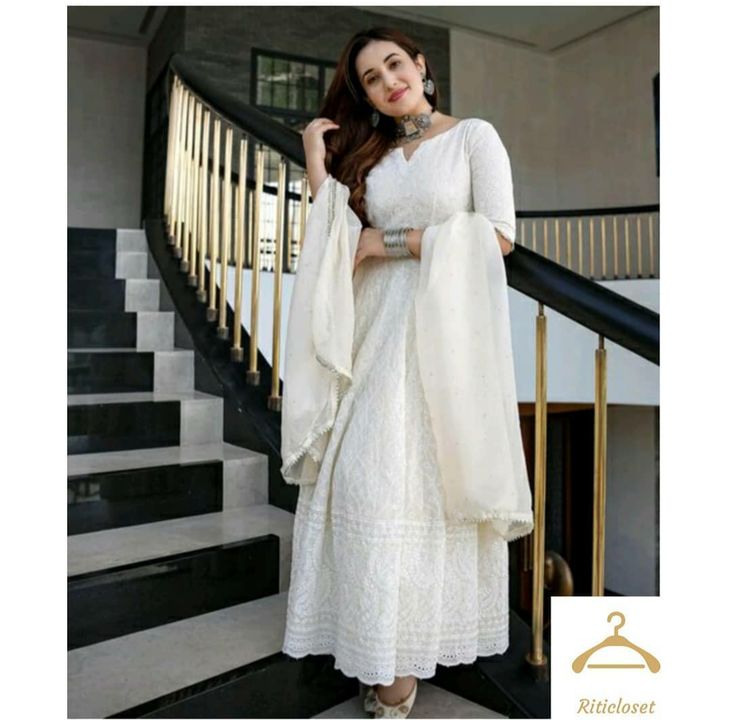 Milky White Designer Anarkali Suit In Georgette With Lucknowi Chikankari Embroidery Work uploaded by Riticloset on 8/12/2021