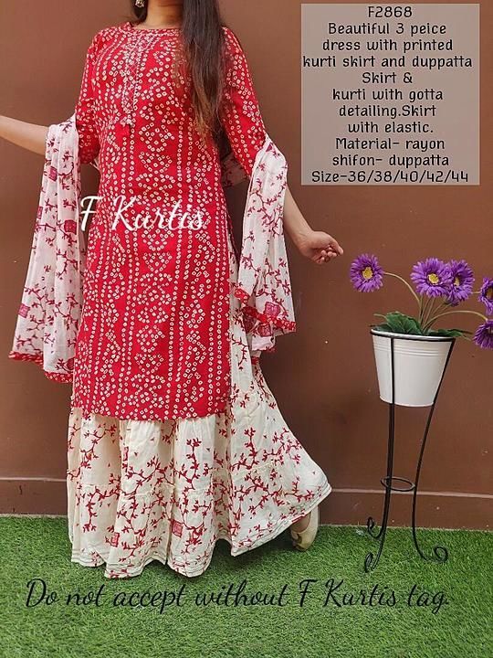 Post image Beautiful  kurti
Fabric rayon
Kurti with skirt with duptta
Print bandhej
Size m, L, xl, xxl Rs 799 +shipping