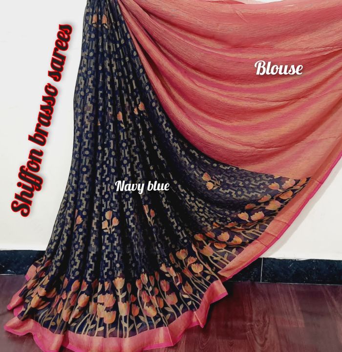 Post image ❤️ Shiffon brasso sarees ❤️ 
❤️ Lovely 5 designs ❤️ 
❤️ Beautiful pallu and contrat brasso blouse ❤️
❤️ Price only @ 850/ plus shipping❤️