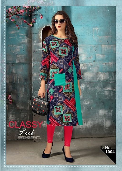 Post image Brand Name :- G D Studio.                                                  Catalog :- DIVINE.                                                  Design :- 10.                                                         Fabric :- 14 Kg Rayon with print,.                                               Size :- L(40), XL(42),  XXL(44).                                         Length :- Upto 46 inch.
