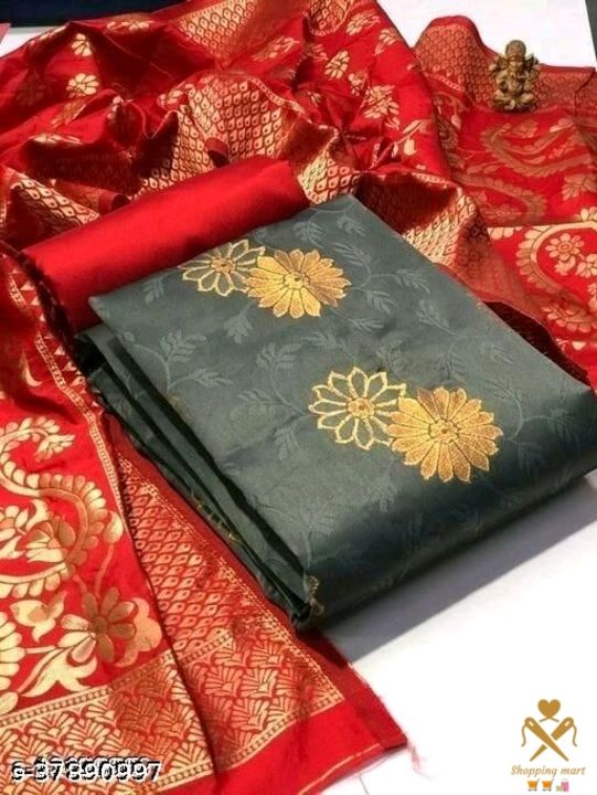 Post image Catalog Name:*Aakarsha Graceful Salwar Suits &amp; Dress Materials*Top Fabric: Banarasi Silk + Top Length: 2 MetersBottom Fabric: Taffeta Silk + Bottom Length: 2.5 MetersDupatta Fabric: Jacquard + Dupatta Length: 2.25 MetersLining Fabric: Soft SilkType: Un StitchedPattern: Woven DesignMultipack: SinglePrice:- 520 rs