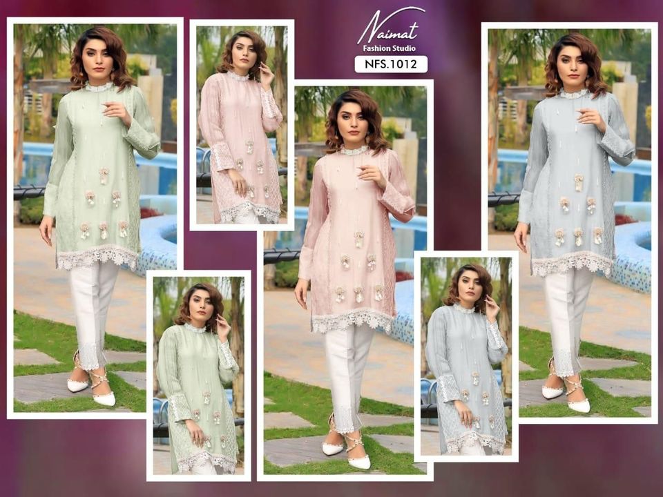 Post image 💕💕 *New Laxurious Kurti &amp; Pant  Collection &amp; Attractive COMBINATION By Naimat Fashion  Studio* 💞💞          ••••••••••••••••••••••••••••••••••*Launch BY Naimat Fashion Studio*                 *D.NO. - 1012*••••••••••••••••••••••••••••••••••
           ⚫ *Description*⚫           〰〰〰〰〰〰〰 *Designer Tunic* with *Gorgeous Hand work in Top  With Heavy Embroidery &amp; Stylsih Pattern In Slives* &amp; Beautiful Lace &amp; paired With Designer Cigrette Pant with pearls….
⚫ *Details*⚫〰〰〰〰〰〰〰〰🔲 *Top*Heavy Fox Georgette 
🔲 *Inner*Heavy Santoon 
🔲 *Bottom*Pure Cotton  Strachable
🔲 *Colours* 3(1)  *pastel green*                                            (2) *pastel pink*                  (3) *liqht blue*                 (100% premium quality )                    *Measurements*           ➖➖➖➖➖➖➖➖      ▪ *Top xl size chest* (42)      ▪ *Bottom xl size* (36-42)             *RATE :- 1750/-**Shipp💕💕 *New Laxurious Kurti &amp; Pant  Collection &amp; Attractive COMBINATION By Naimat Fashion  Studio* 💞💞          ••••••••••••••••••••••••••••••••••*Launch BY Naimat Fashion Studio*                 *D.NO. - 1012*••••••••••••••••••••••••••••••••••
           ⚫ *Description*⚫           〰〰〰〰〰〰〰 *Designer Tunic* with *Gorgeous Hand work in Top  With Heavy Embroidery &amp; Stylsih Pattern In Slives* &amp; Beautiful Lace &amp; paired With Designer Cigrette Pant with pearls….
⚫ *Details*⚫〰〰〰〰〰〰〰〰🔲 *Top*Heavy Fox Georgette 
🔲 *Inner*Heavy Santoon 
🔲 *Bottom*Pure Cotton  Strachable
🔲 *Colours* 3(1)  *pastel green*                                            (2) *pastel pink*                  (3) *liqht blue*                 (100% premium quality )                    *Measurements*           ➖➖➖➖➖➖➖➖      ▪ *Top xl size chest* (42)      ▪ *Bottom xl size* (36-42)             *RATE :- 1750/-**Shipp💕💕 *New Laxurious Kurti &amp; Pant  Collection &amp; Attractive COMBINATION By Naimat Fashion  Studio* 💞💞          ••••••••••••••••••••••••••••••••••*Launch BY Naimat Fashion Studio*                 *