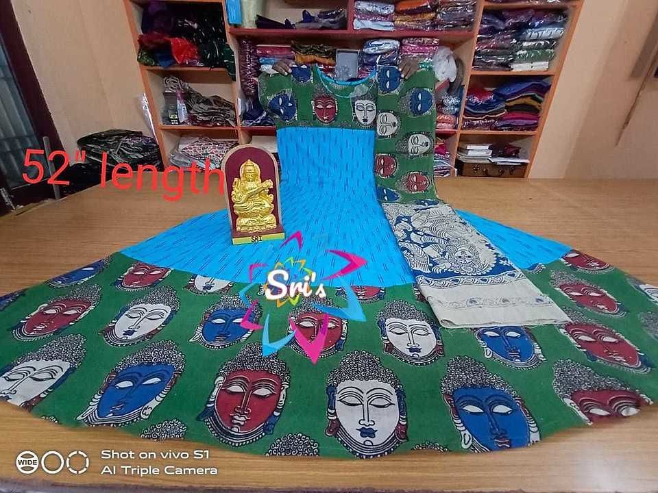 Post image *Available colors*

Ikkat pochampally cotton long frocks  with kalamkari big border nd Kalamkari Dupatta
Short sleeves
Length 52 inches
Dupatta 2mtrs+
Flair 2.8+2.8 (total 5.4mtrs)

Sizes:
S-36
M-38
L-40
XL-42
XXL-44

selling price : *1050+$*


Dispatch time: 5 working days

*Note: Kalamkari dying is natural process. Misprints or smudges r not considered as damages.*

Delhivery nd India speed post services only available with us. Plz mention wch service u want while booking.