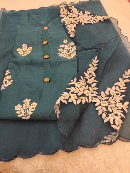 Post image *Pk*
*Super hit back on demand*

New colours added *maslin Silk kurti with heavy handwork thread ,sequence n pearl work with cotton linning with aurganzy cutwork dupattaeith all 4 side work*40,42,441299+Ship extra