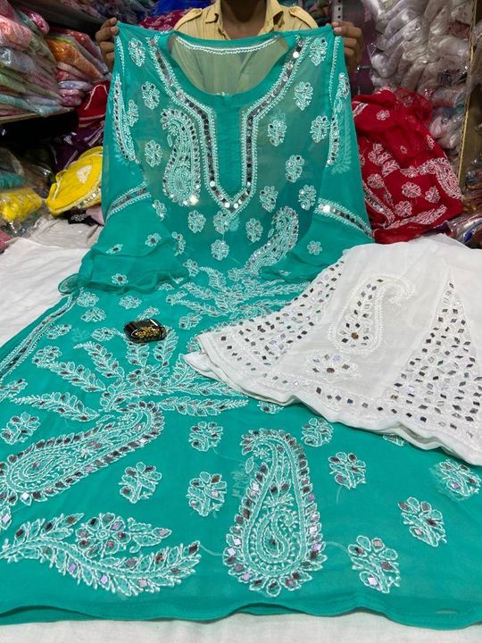 Post image *Ah Chikan Lucknow Present*

*Mirror work set*

Fabric Georgette
Length 46
Size 36 to 44
Kurti 1000
Sharara 750
Freeship
