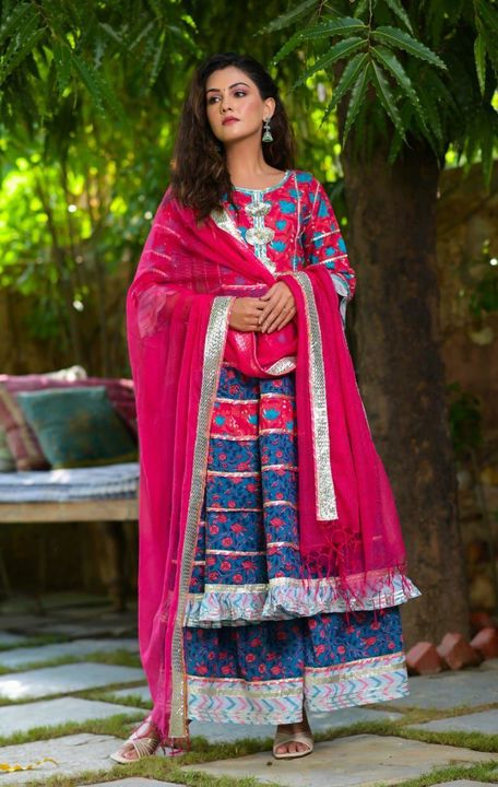Post image Life isn’t Perfect your outfit can be !Long Anarkali with classy detailing on kurta Plazzo &amp; Duppatta.

pure cotton flared kurta with gota work all overpaired with cotton plazzo with gota highlighting and kota dupatta with border 
size : 38 to 44
price : 2795 fs..