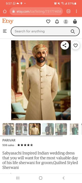 Post image I want 1 Pieces of Men Sabyasachi ( any of u have this type then contact me. Pls let me know price if u have then)..
Below are some sample images of what I want.