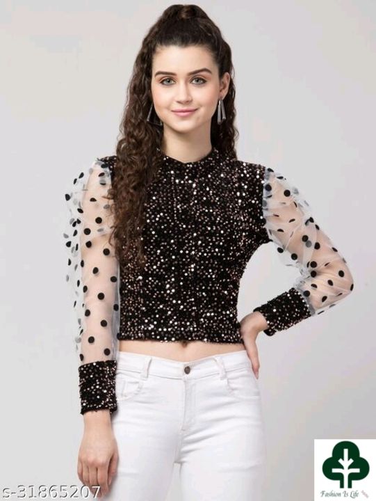 Sequin Brown Crop Top for Women with Net Sleeve and Printed Design uploaded by Fashion is life on 9/14/2021