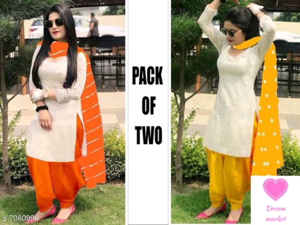Post image Catalog Name:*Embroidered Cotton Suits &amp; Dress Materials (Pack of 2 Pack)*Top Fabric: Cotton + Top Length: 2 MetersBottom Fabric: Cotton + Bottom Length: 2.25 MetersDupatta Fabric: Cotton,Chiffon + Dupatta Length: 2.25 MetersLining Fabric: Chiffon,No LiningType: Un StitchedPattern: ChikankariMultipack: Pack of 2Easy Returns Available In Case Of Any Issue*Proof of Safe Delivery! Click to know on Safety.