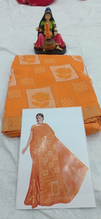 Post image RD SAREE CATALOGUE.!!! 

         _*SILKY STAR*_

*Fabrics*  Pure Chiffon with Foil work and Diamond in all over saree
With tone to tone Lace Border

CUT 5.50

Blouse Fabric *Banglori silk*
 
Cut .80

6 PCS CATALOGUE!! 
 
Singal Pcs Available