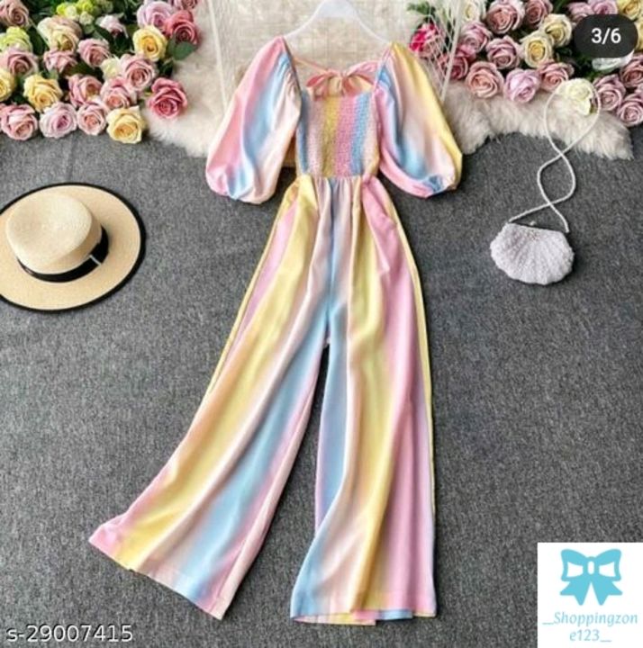 Post image Catalog Name:*Fancy Feminine Women Jumpsuits*Fabric: Poly GeorgetteSleeve Length: Three-Quarter SleevesPattern: PrintedMultipack: 1Sizes: S (Bust Size: 32 in, Length Size: 42 in, Waist Size: 42 in) M (Bust Size: 34 in, Length Size: 44 in, Waist Size: 44 in) L (Bust Size: 36 in, Length Size: 45 in, Waist Size: 45 in) 
Easy Returns Available In Case Of Any Issue of Delivery Partners- COD available