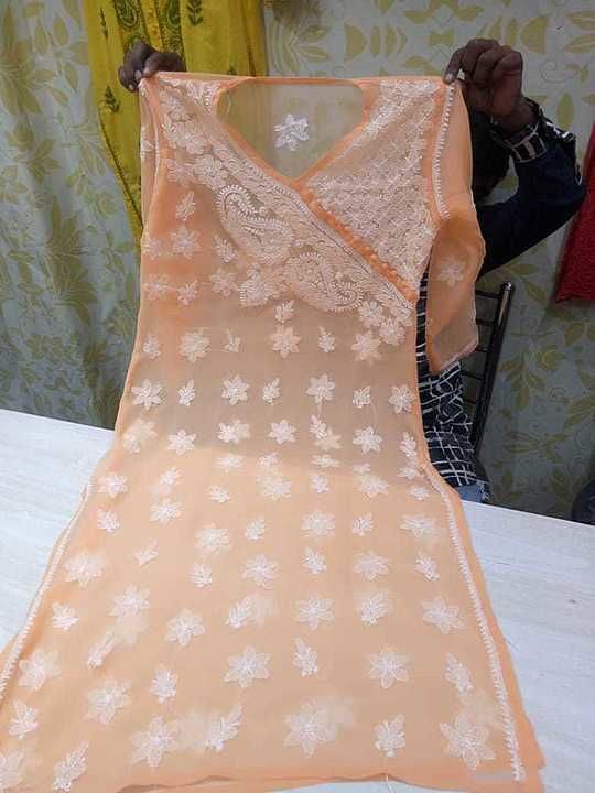 Lucknowi Chikan handwork georggette angarkha style kurti with white threds for women  uploaded by business on 9/11/2020
