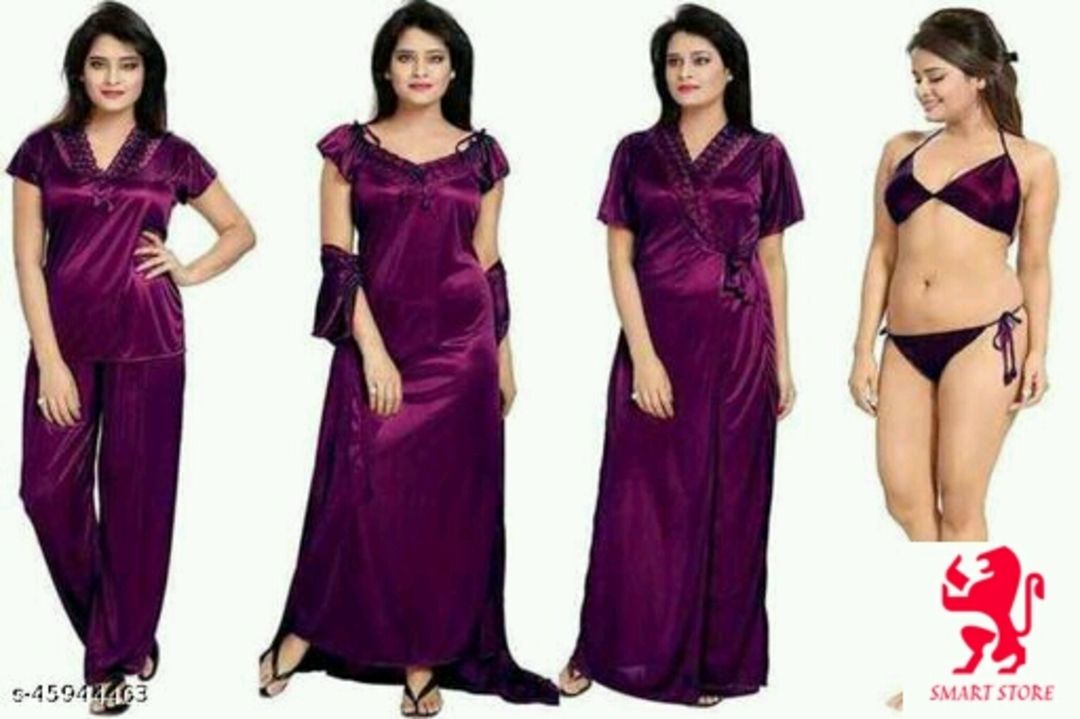 Post image Attractive Women NightdressesFabric: SatinPattern: Self-DesignMultipack: 4 (4 pcs in 🎁) Sizes : Free Size (Bust Size: 36 in) 
FACHARA Collection Fuses Style with Comfort Making It A Perfect Choice. This is comfortable and ladies nighty to your wardrobe . Make sure to have a relaxing and peaceful sleep.Night Suits and Night Wears are as important as comfortable sleeping at night. We mainly focuses on quality of fabric. Our range of Night Suits and Night wears must be a part of your wardrobe. Grab it and feel the comfort which you deserve after the long day. Very comfortable to wear. Fancy Nightwear . WASH CARE :Warm wash, do not bleach, low iron, do not dry clean, do not tumble dry, wash dark colours separately .Country of Origin: India