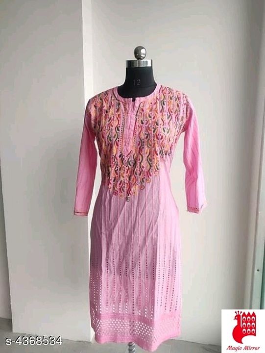 Post image Trendy Women's Cotton Kurti

Fabric: Cotton
Sleeve Length: Three-Quarter Sleeves
Pattern: Embroidered
Combo of: Single
Sizes:
XL (Bust Size: 42 in, Size Length: 45 in) 
L (Bust Size: 40 in, Size Length: 45 in) 
M (Bust Size: 38 in, Size Length: 45 in) 
XXL (Bust Size: 44 in, Size Length: 45 in) 
XXXL (Bust Size: 46 in, Size Length: 45 in)
Please contact Magic Mirror on 7002892044 for more details
Payment cash on delivery available
Easy return policy