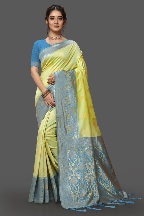 Yellow sky blue contrast saree uploaded by Asho fashion on 9/26/2021