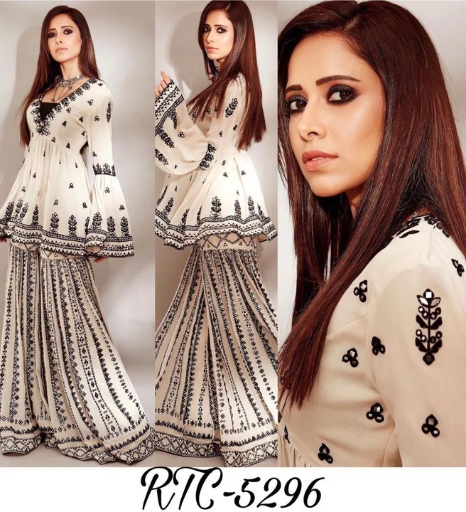 Post image Presenting New 5000 Series Quality Ek level UP 
Code : *RTC-5296* 
🧚‍♀**TOP**  
Fabric  : Gorgette Work.  :  Embroidery Inner.   : silkStiching type : up to 42 size Full stich 
👸*Plazo* 
Fabrics  : gorgette Work   : Embroidery Stich.   : Upto 44 full stich with elastic         🧜‍♀*Dupata*  No
Price:- 1250FREE SHIPPING