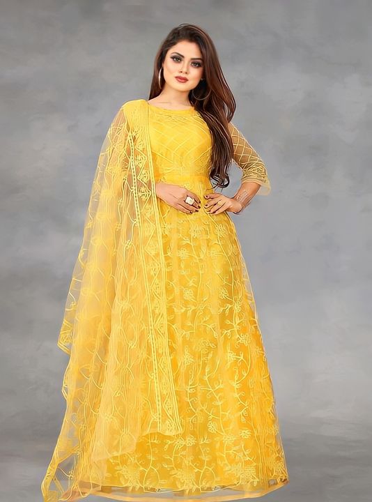 Net Embroidered Semi-Stitched Gown (yellow_Free Size) uploaded by business on 10/5/2021