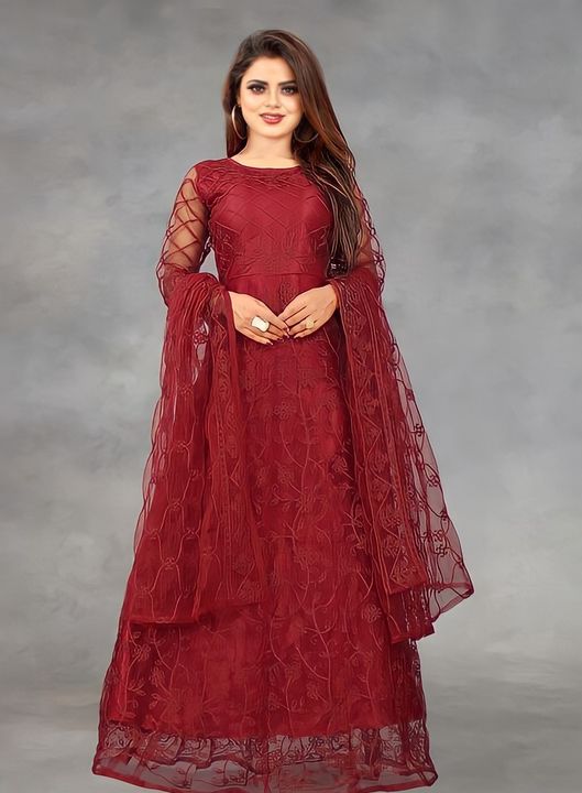 Net Embroidered Semi-Stitched Gown (Maroon_Free Size) uploaded by business on 10/5/2021