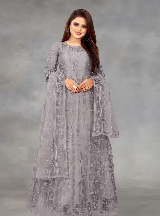 Net Embroidered Semi-Stitched Gown (Grey_Free Size) uploaded by business on 10/5/2021