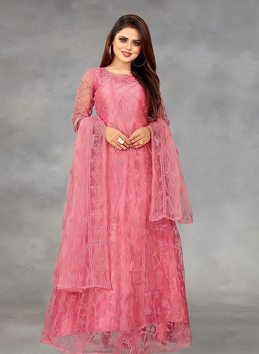 Net Embroidered Semi-Stitched Gown (Peach_Free Size) uploaded by business on 10/5/2021