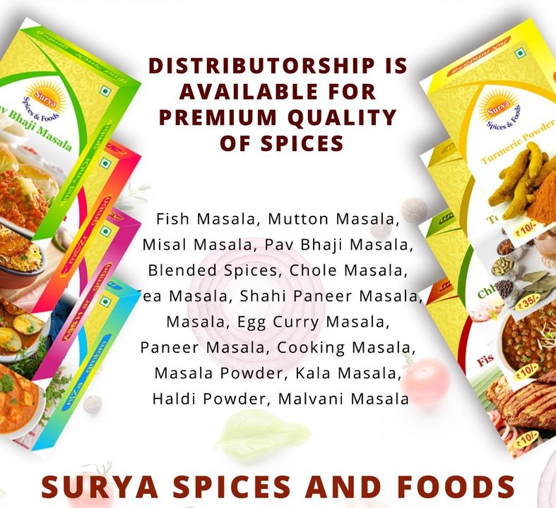 Post image Greeting to all!Surya Spices And Foods, looking for an area-wise stockist, distributors, and retailers , traders all over Maharashtra. 
Interested can contact .