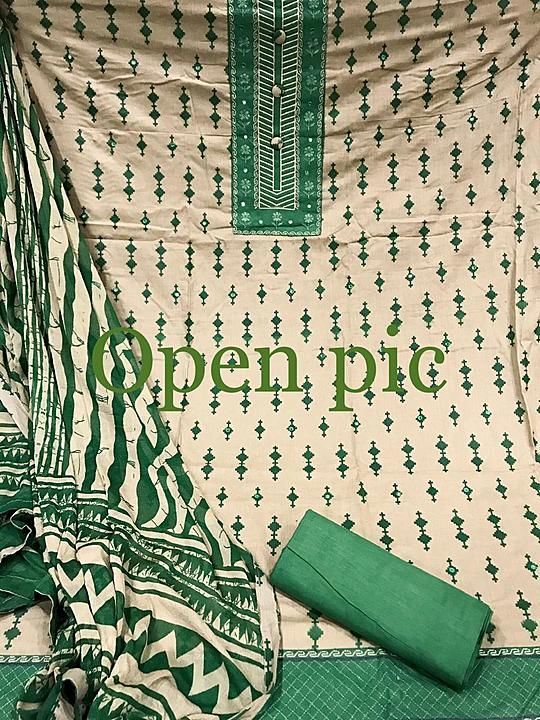 Top.  Pure Cotton print neck embroidery buttons pattern 
Dupatta.  Pure Chiffon print 
Bottom. Pure
 uploaded by business on 9/14/2020