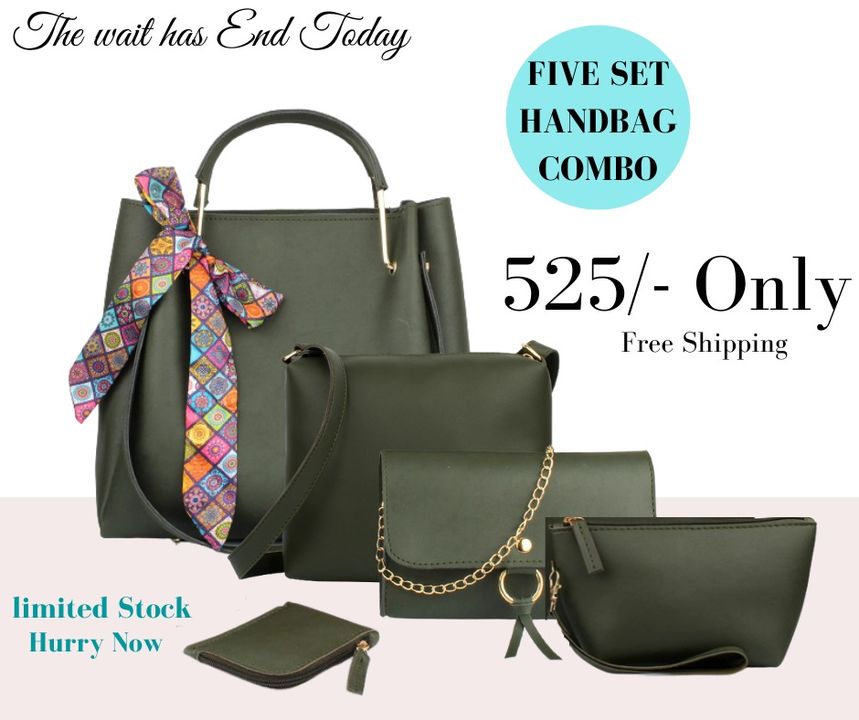 Post image This festive season style in your budget get the 5 handbag combo set at just 525 only with free shipping pan India. DM to orders now on: 7827181728. Hurry now limited stock 🤩🤩 ( only green, cream and black color available now in 5set combo) 
A. 1 big handbag with spacious comment.B. Sling bag with adjustable strap with one main compartment.C. one stylish accesories sling bag with clousre.D. One wrislet pouch cum make-up pouch with spacious compartment.E. One cute coin purse for keeping your money and cards.
