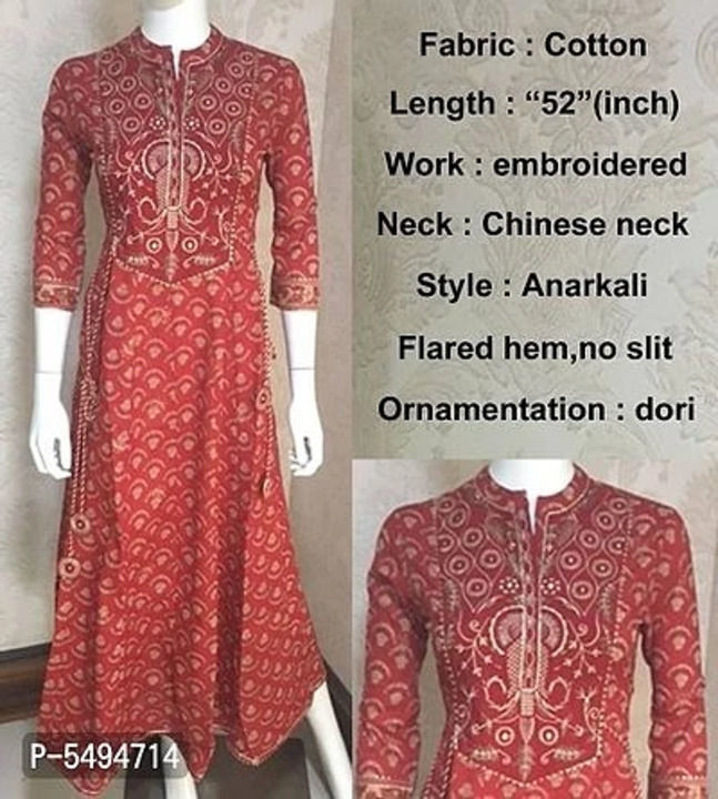 Post image Stylish Printed &amp; Embroidered&amp; Gota Patti Anarkali Cotton Turquoise Kurta
Size: ML2XL
 Color: Turquoise
 Fabric: Cotton
 Type: Stitched
 Style: Printed
 Design Type: Anarkali
Within 6-8 business days However, to find out an actual date of delivery, please enter your pin code.
Stylish Printed &amp;amp; embroidered&amp;amp; gota patti Anarkali Cotton turquoise Kurta has a mandarin/chinese neck, 3/4 Sleeve, Printed &amp;amp; embroidered&amp;amp; gota patti, Flared hem, no slit. It will keep you comfortable for a Party Wear look. Pair it with high heels and look effortlessly chic and fashionable.