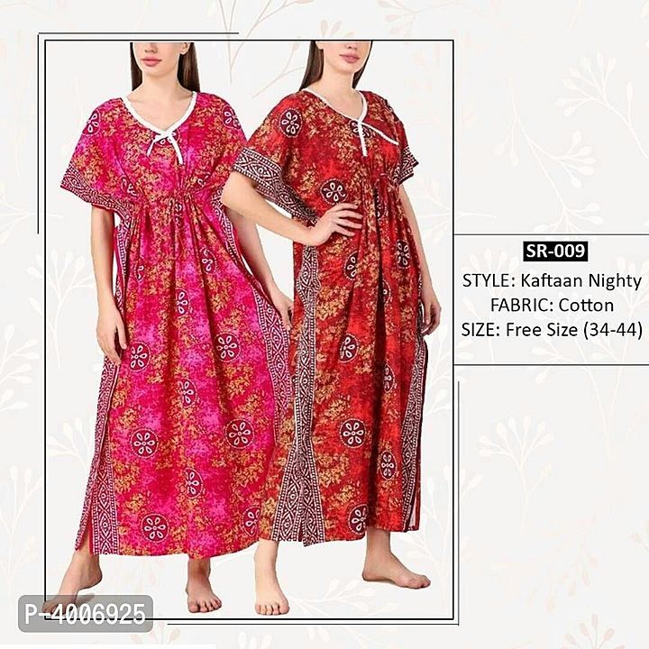 Post image STYLEROAD PREMIUM COTTON KAFTAN NIGHTY PACK OF 2
Rs.699/-
Color: Multicoloured
Fabric: Cotton
Type: Gowns
Style: Printed
Bust: 34.0 - 44.0 (in inches)
Waist: 32.0 - 42.0 (in inches)
Delivery: Within 6-8 business days
Returns:  Within 7 days of delivery. No questions asked