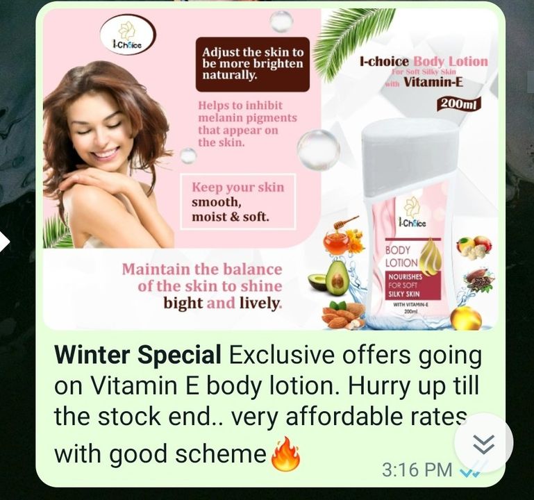 Post image *Winter Special* Exclusive offers going on Vitamin E body lotion. Hurry up till the stock end.. very affordable rates with good scheme🔥