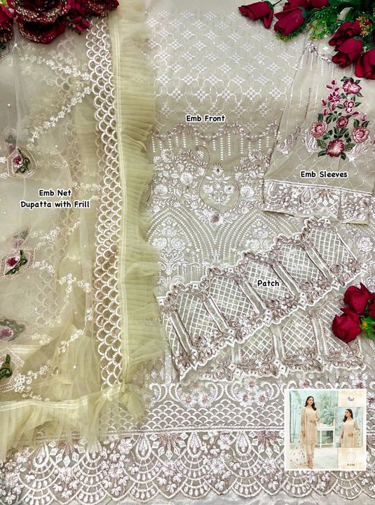 Post image *💖Superhit Design in Singles &amp; Multiples💖*
*SHREE FABS*
*💫Design - 373*        *👇🏻Fabric details👇🏻*
👗 Top : Net with Heavy Embroidery
🔺Sleeves : Embroidered
👖Bottom : Santoon
💐Inner : Santoon
🔺Dupatta : Net with Heavy Embroidery 
*✅Price : 1525/-*
*💫Multiples pcs available*
💐Ready delivery
👇