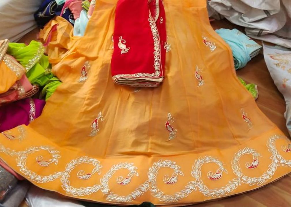

💐 Pure Chinnon Crepe Lehanga with Fancy Gota Work 
💐 Chinnon  Dupatta Wi uploaded by business on 10/22/2021