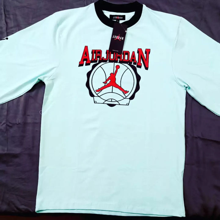 Post image Nike air jordan aqua blue printed drop shoulder cotton tshirt.Price Rs.400 only.All india delivery plus shipping charges.Interested call or what's app on 7738804021/8828076646