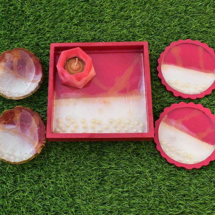Resin wooden sataras tray 2source bowl 2coasters one candle holder uploaded by business on 10/24/2021