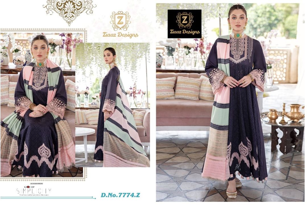Post image *✔️Restock in Huge Demand*
*💖Superhit Design in Singles &amp; Multiples💖*
Ziaaz Designs 
Z series Vol 2
Design - 7774 Z
Cotton Schiffli work fabric for kameez and sleevesCotton bottomsBeautiful mutlicoloured Chiffon Dupatta*dummy height is 6ft so yu can see and guess the length*
*✅Price : 1150/-*
*💫Multiples pcs available*
💐Ready Delivery 
👇