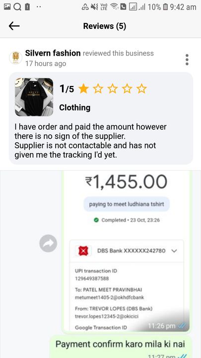 Post image Hi all please note of a fraud wholesaler from ahmedabad or ludhiana. They will take money and then respond..see all their reviews. They have done many fraud.Do not deal with them.. beware
I'd is 'CLOTHING' Contact no : 7284852102 and +918128051703.Owner name : patel meet.Attaching screenshot.
@Anar Business Network  @Clothing