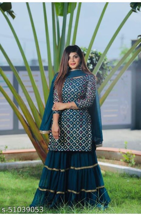 Post image Banita Alluring Women Dupatta SetsKurta Fabric: GeorgetteBottomwear Fabric: GeorgetteFabric: GeorgetteSleeve Length: Three-Quarter SleevesSet Type: Kurta With Dupatta And BottomwearBottom Type: PalazzosPattern: EmbroideredMultipack: SingleSizes:Free Size (Bust Size: 46 in) XL (Bust Size: 40 in) L (Bust Size: 38 in) XXL (Bust Size: 42 in) 
TOP FABRICS* : FOX GORGETTE WITH DABAL SIQUNS EMBROIDERY WORK FULL STITCHED *#TOP INER* : MICRO * #TOP LANGTH. * 38 INCH * #TOP SIZE* :-L,XL,XXL *( FULLY STITCHED )* ?*PLAZZO GHARARRA*? *#PLAZZO FABRICS* : FOX GORGETTE WITH LESS WORK AND RUFFLE *#PLAZZO INER* : MICRO * #PLAZZO LANGTH. * 42 INCH * #PLAZZO SIZE* :-FREE SIZE * #PLAZZO FLIR* :- ONE LEG 4 MTR *( FULL STITCHED )* ?*DUPATTA*? *#DUPATTA FABRICS* : FOX GORGETTE WITH LESS WORK FULL STITCHED * #DUPATTA LANGTH. * 40 INCH * #DUPATTA SIZE* :-2.20 *( FULLY STITCHED )*Country of Origin: India