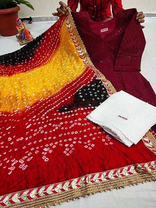 Cotton chikan kurti with Chikan palazo with silk Bandhani dupatta  uploaded by Anaaya Kreations  on 9/18/2020
